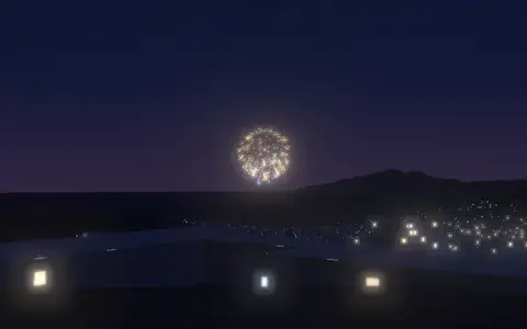 おたる潮まつり大花火大会の候補地から見た花火(ハナビューの3D表示)