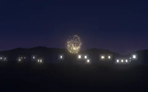 やつしろ全国花火競技大会の候補地から見た花火(ハナビューの3D表示)